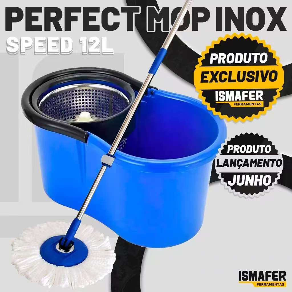 Mop Giratório com Balde Grande 12L Completo Esfregão Inox 360 e 1 Refis Sistema de Limpeza Rápida e Sem Esforço