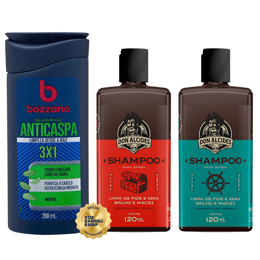 Shampoo para Barba Don Alcides Barba Negra e Calico Jack + Shampoo Anticaspa Bozzano