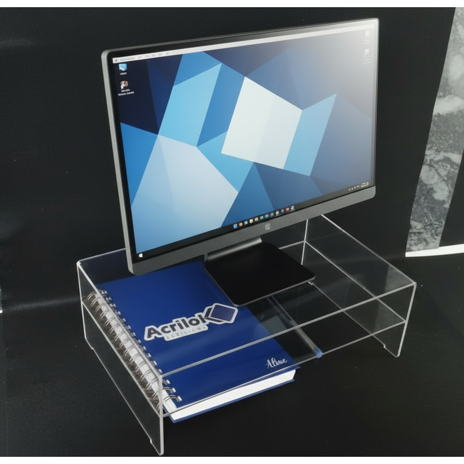 Suporte para Monitor Tela Computador Acrílico Transparente 4mm com Prateleira Organizador Mesa Escritório