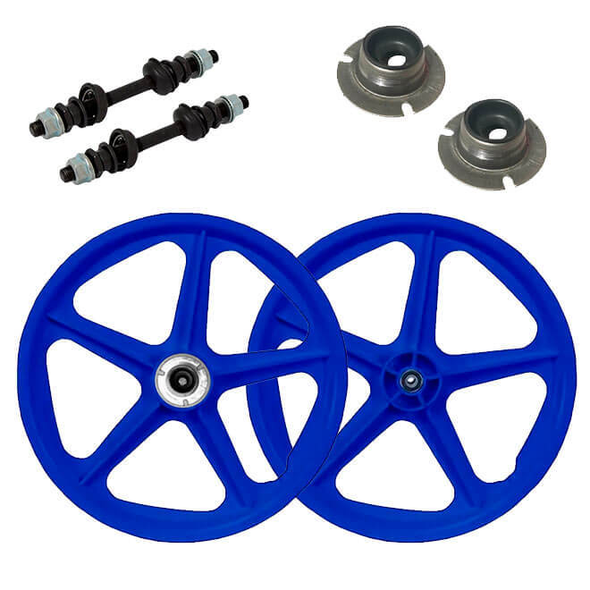 PAR DE RODA ESTRELA EXTRA NYLON AZUL ARO 20 P/ BICICLETA TRASEIRA COM EIXO + 2 FLANGES E DIANTEIRA COM EIXO COMPLETO
