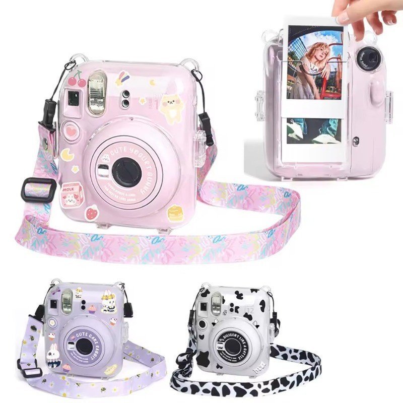 Capa Protetora para Câmera de Filme Instantâneo Fujifilm Instax Mini 12 Cristal Duro com Alça de Ombro Removível Arco-Ír