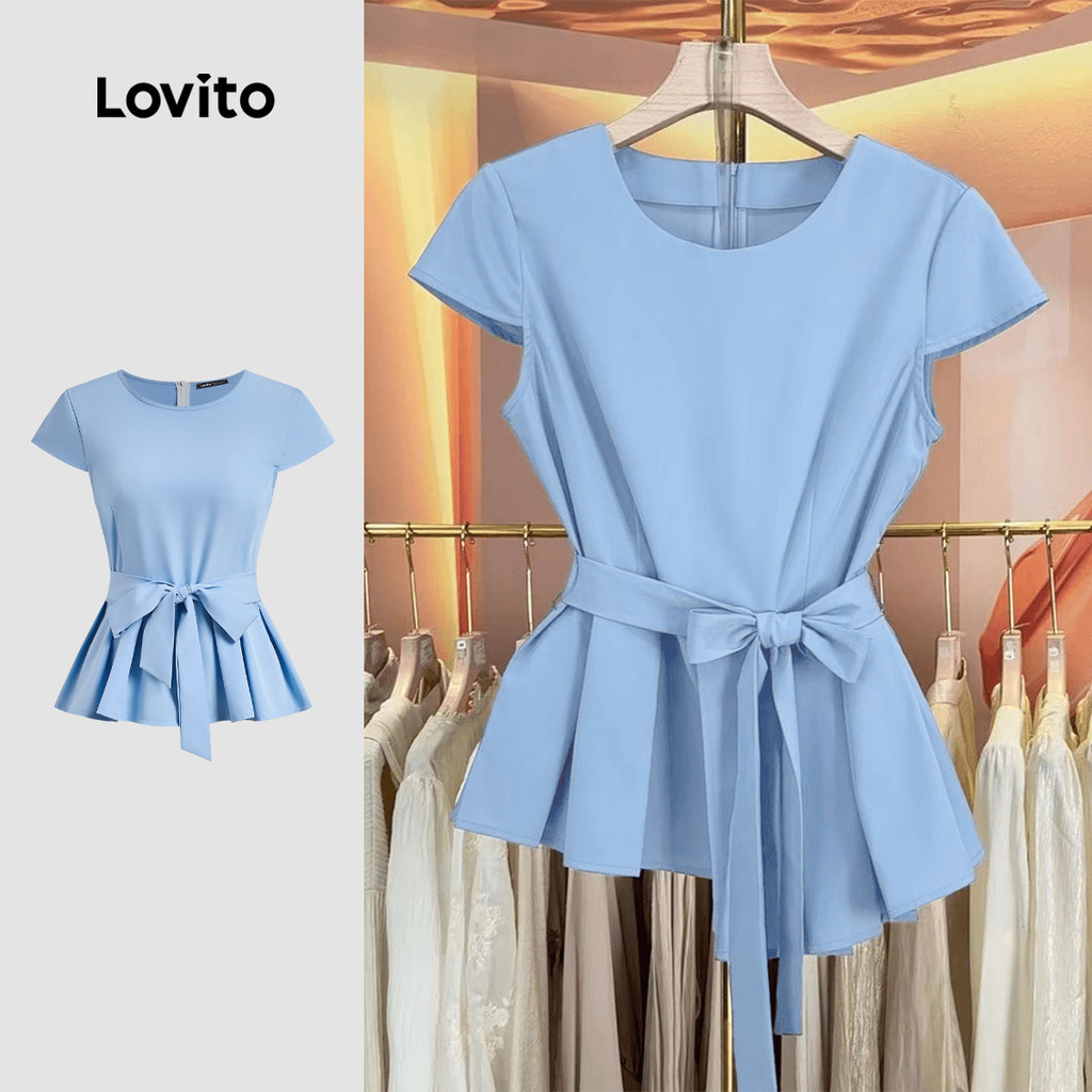 Lovito Blusa Elegante com Cinto Primavera/verão Azul para mulheres L149ED136 em Oferta na Shopee