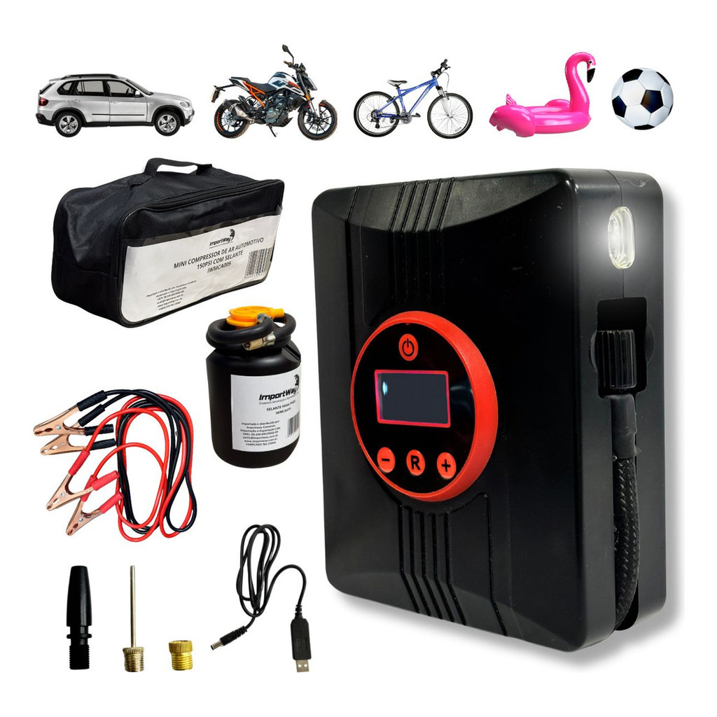 Mini Compressor 150 PSI com Selante e Bolsa Inflador Rápido de Pneus Carro Moto Bóias Colchões Bolas Importway