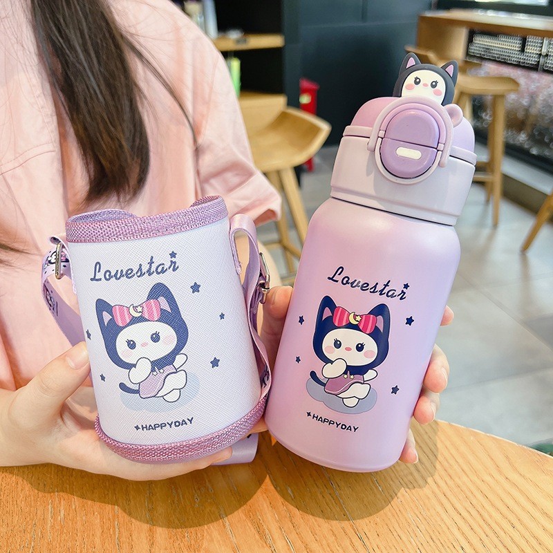 Garrafa Térmica Infantil de 500 ml Aço Inox 304 Com Alça Bolsa De Armazenamento, Canudo e Caneca