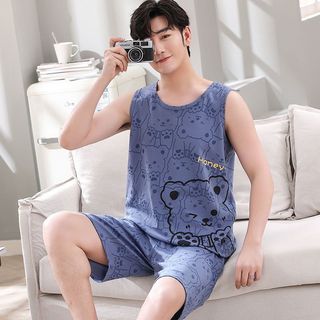 Pijamas masculinos verão sem mangas colete Suspender Shorts de algodão fino adolescente dos desenhos animados terno Home
