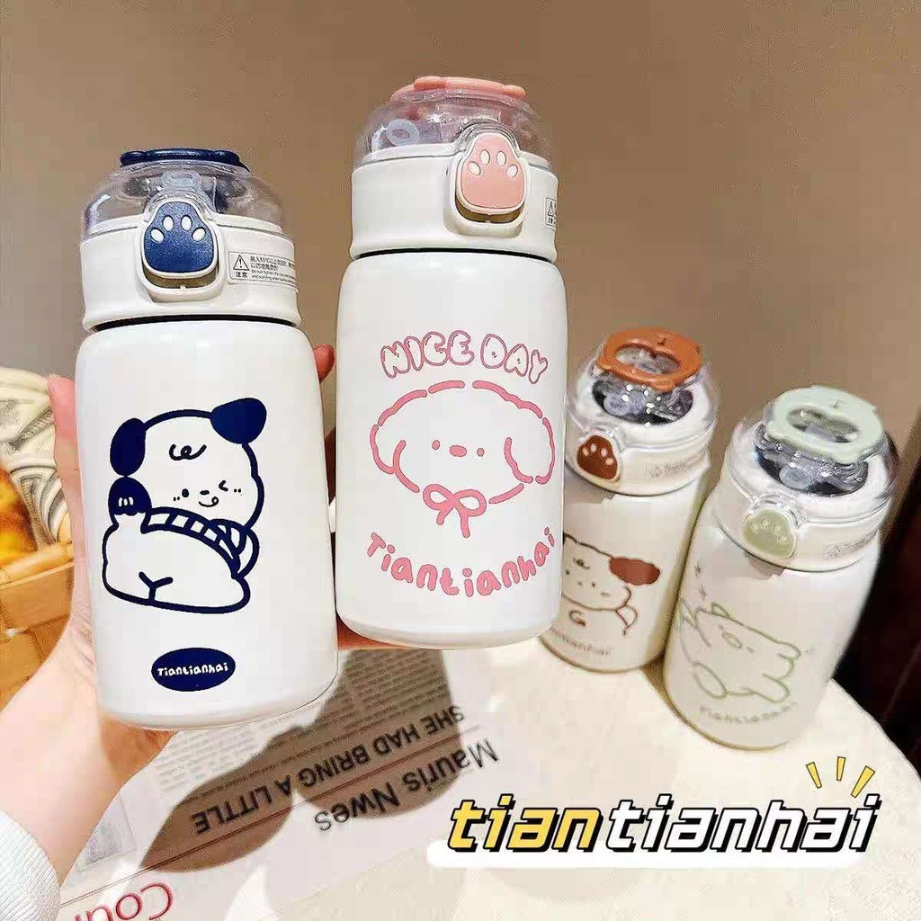 Garrafa Térmica Infantil com Canudo, 400ml - Estampas de Animais Fofos em Aço Inox em Oferta na Shopee