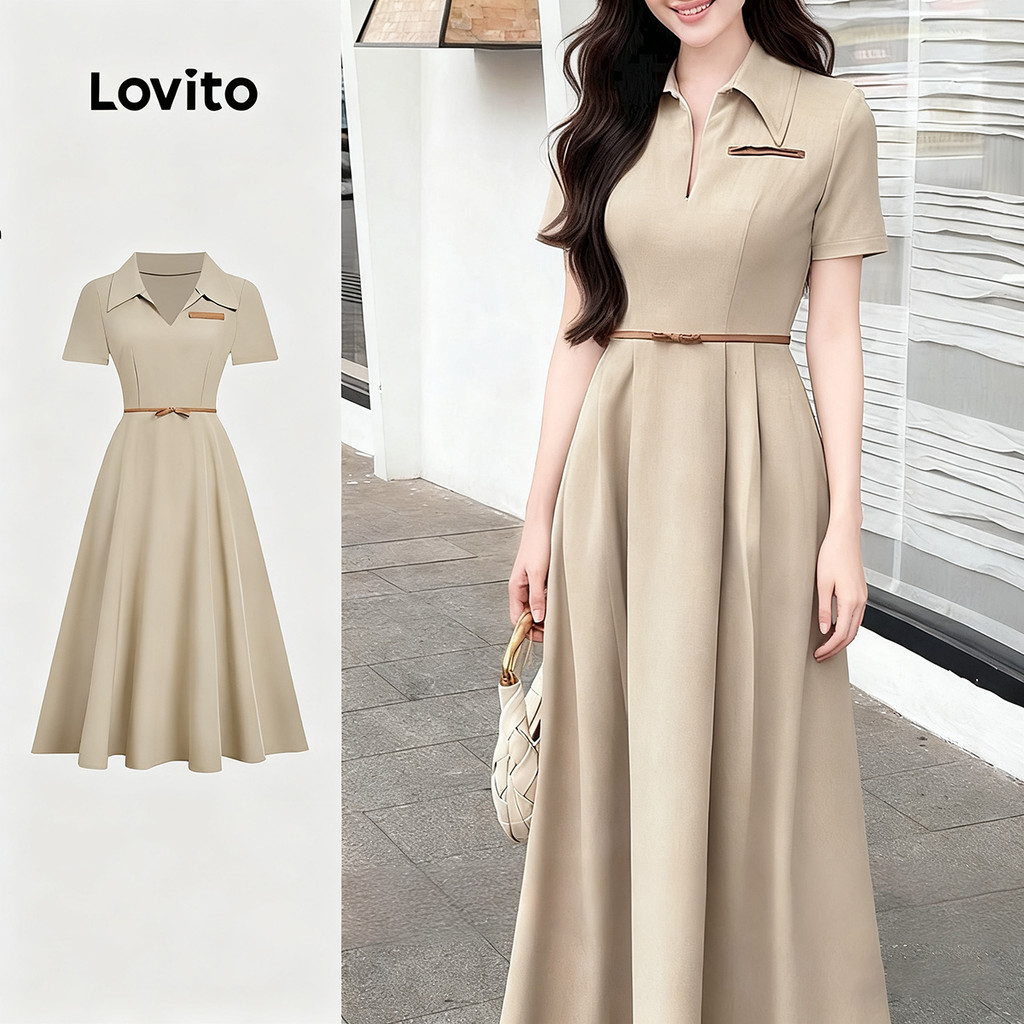 Lovito Vestido Casual de Primavera/verão em Caqui com Detalhes de Acabamento em Contraste para mulheres L157ED320