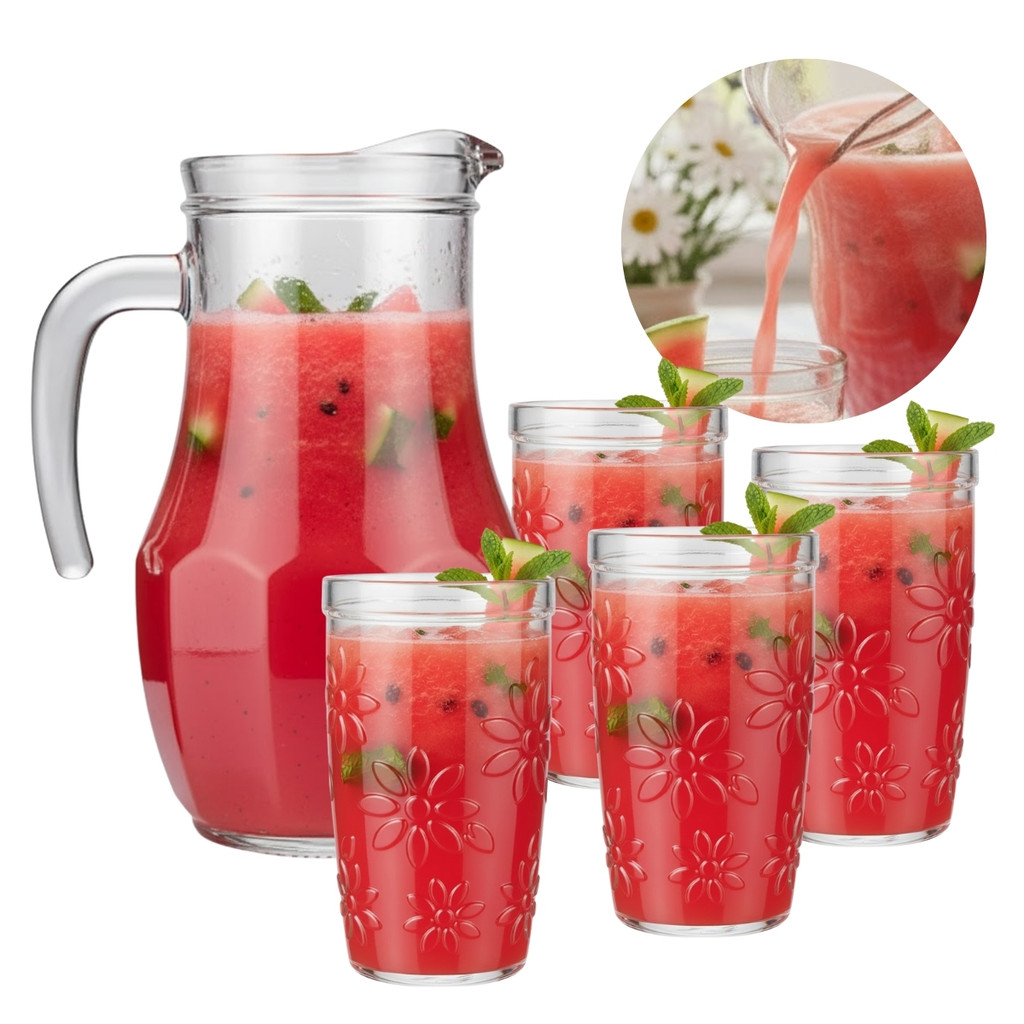 Kit 5 Peças Jarra 1.5L e 4 Copos Vidro Relevo Para Servir Suco Água Refrigerante