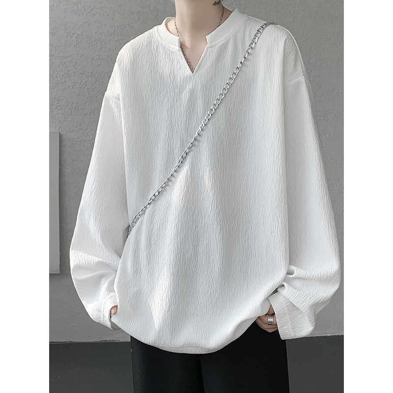 Texturizado com decote em V de manga comprida camiseta masculina primavera outono Street Wear americano roupas superiore
