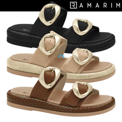 Chinelo Slide Ramarim Feminino Fivela Dourada Plataforma Conforto