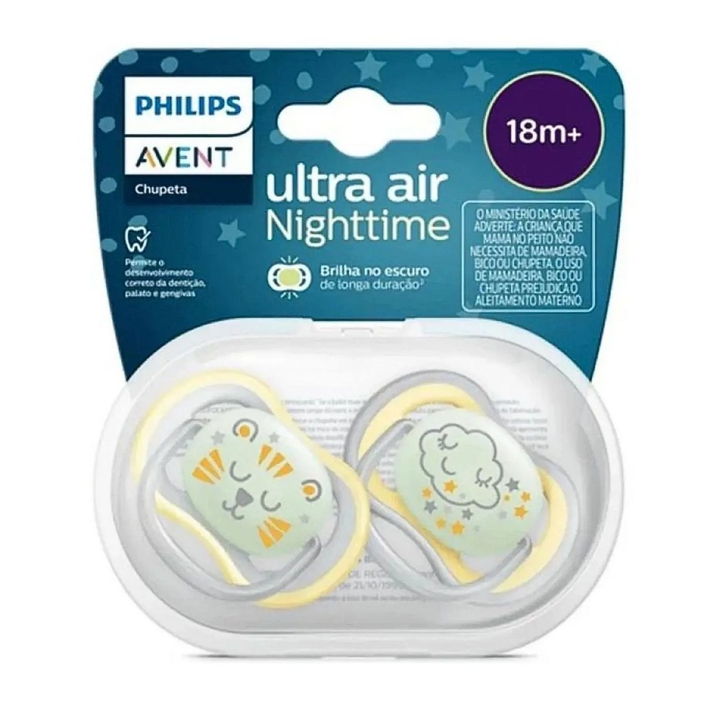 Chupeta Ultra Air Noturna Philips Avent 18+ Meses – Kit Duplo Amarela (SCF376/01) em Oferta na Shopee
