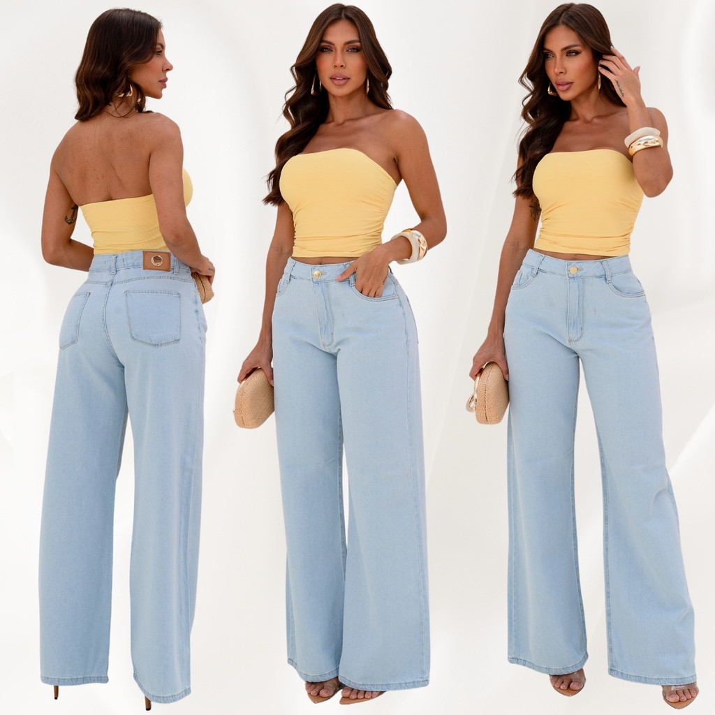 Calça Jeans Wide Leg Feminina Cintura Alta Modeladora Look Elegante Confortável Premium