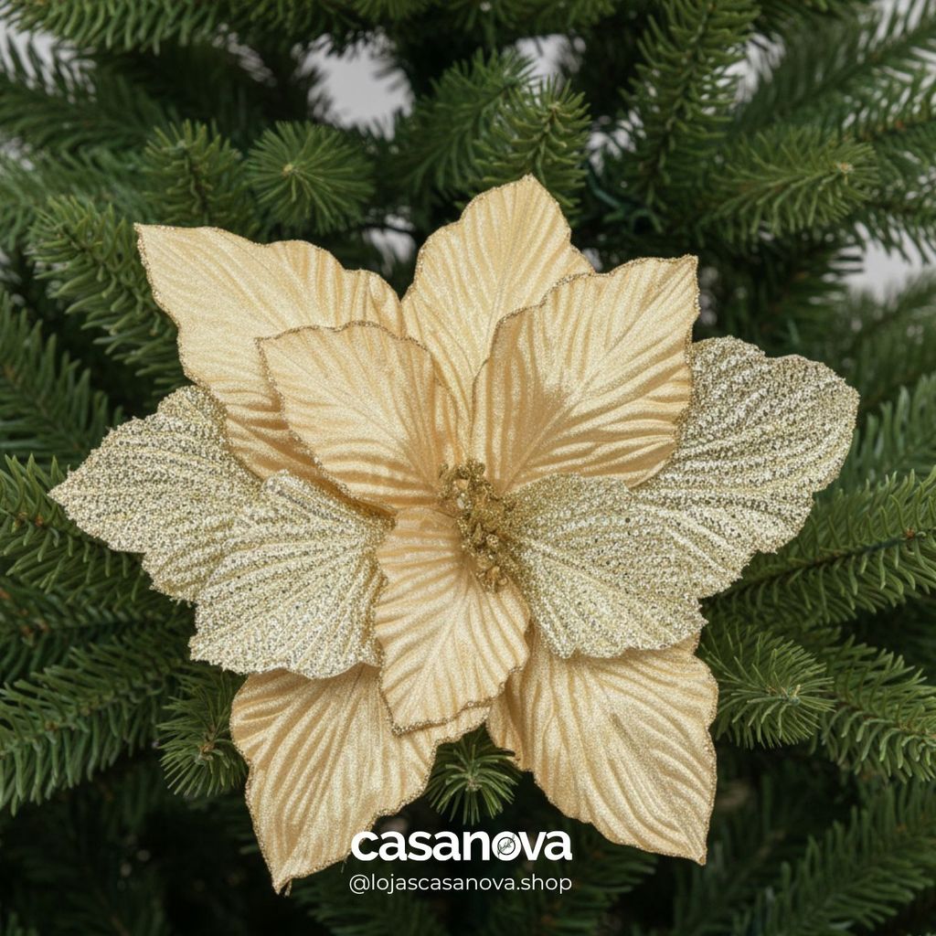 Flor Bico de Papagaio Natal Aveludado com Glitter Dourado Glitter Dourado 31cm Alt - Enfeite Natalino Florarte