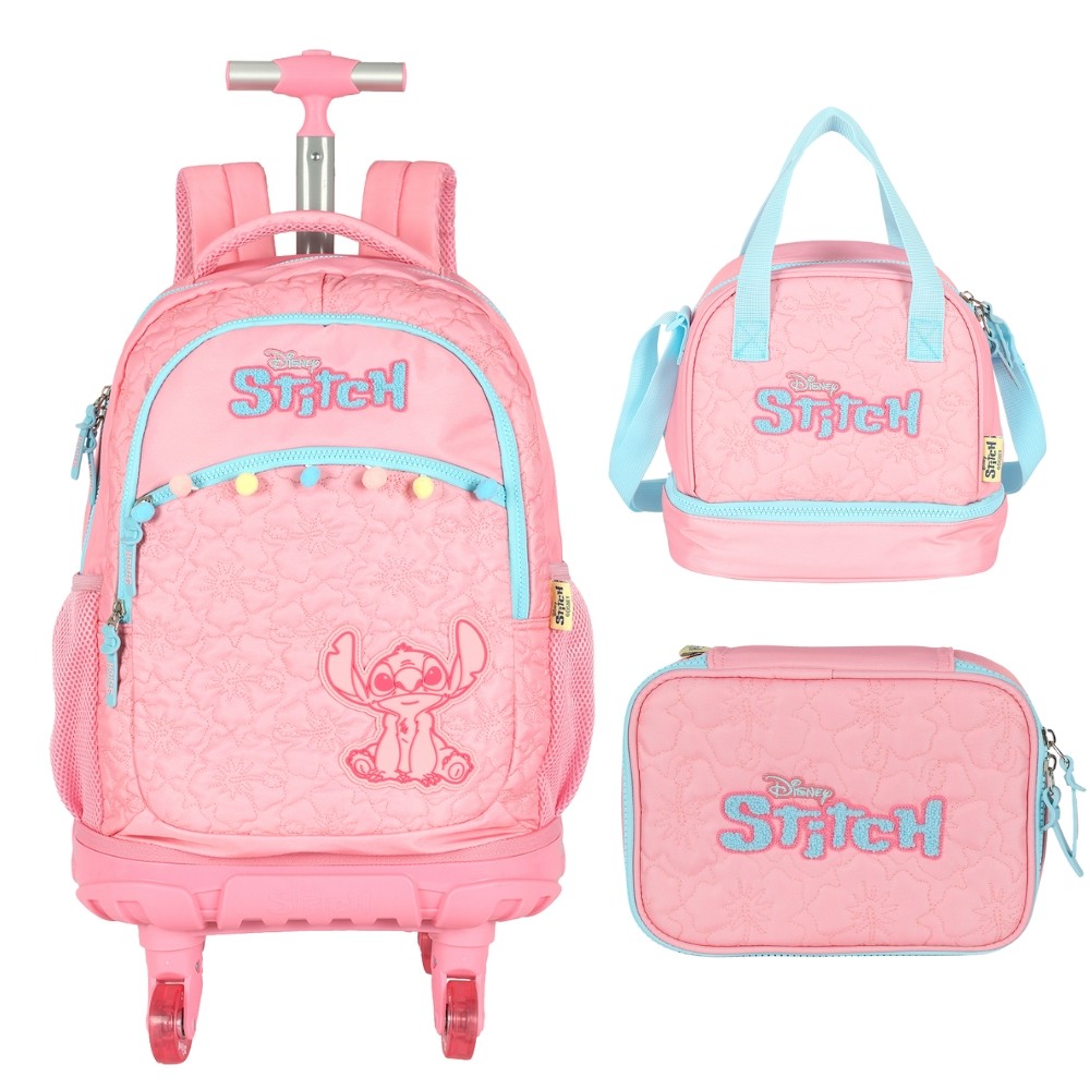Kit Mochila de Rodinhas 360º ORIGINAL Stitch com Lancheira e Estojo - SALMÃO