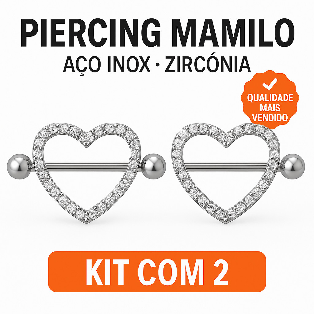 Kit 2 Piercing Mamilo Seios Peito Modelo Coração Cravejado com Zirconia Cristal Aço Inox em Oferta na Shopee