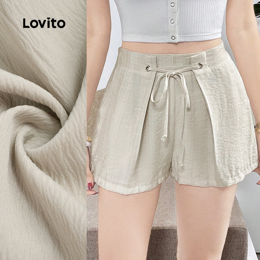 Lovito Shorts Casuais Lã Pliçada com Amarração Primavera/verão Shorts Caqui para Mulheres L155ED031 em Oferta na Shopee