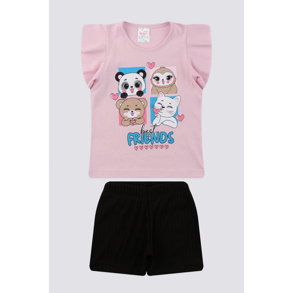 Conjunto Primeiros Passos Feminino Meia Malha/Ribana Canelada Rosa Claro Com Preto