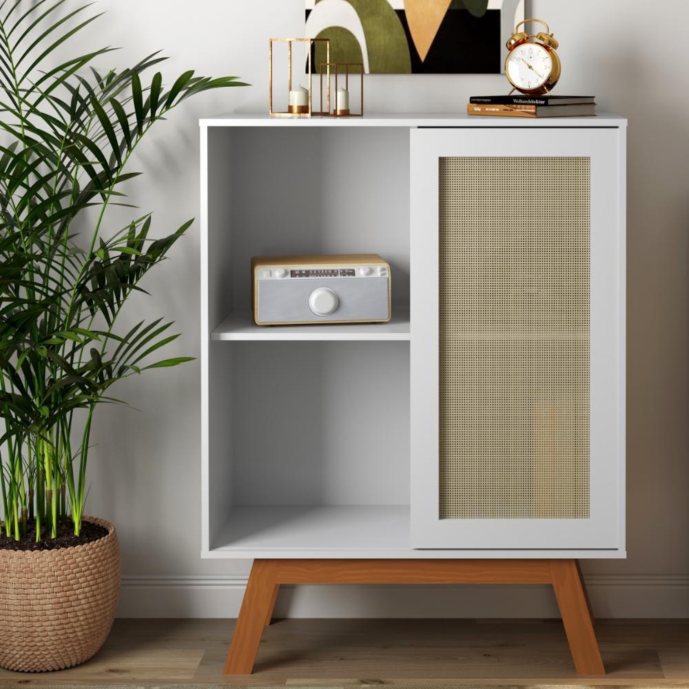 Balcão Aparador Buffet Alto Branco com Porta Rattan e Pés em Madeira para Sala de Jantar e Sala