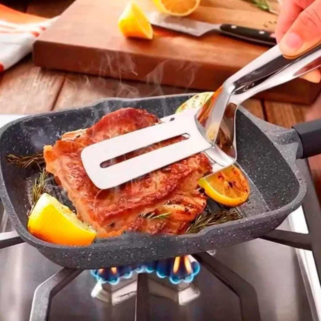 Pinça Pegador Espátula Pegadora Dupla para Alimentos em Inox Para arne Hambúrger Peixe Churrasco Prático