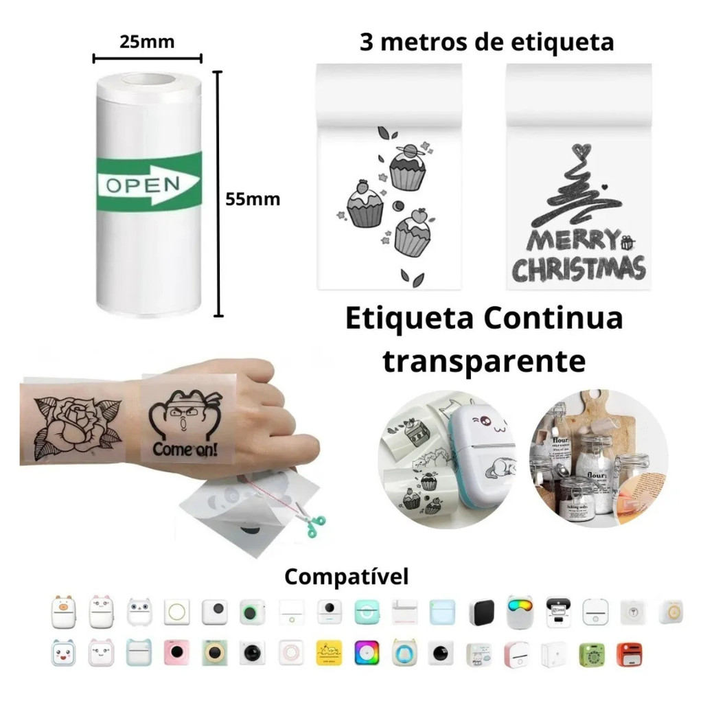 Bobina Rolo Adesiva Transparente Térmica Kit 1 ou 2 ou 3 ou 4 ou 5 - 57mm Mini Impressora Portátil
