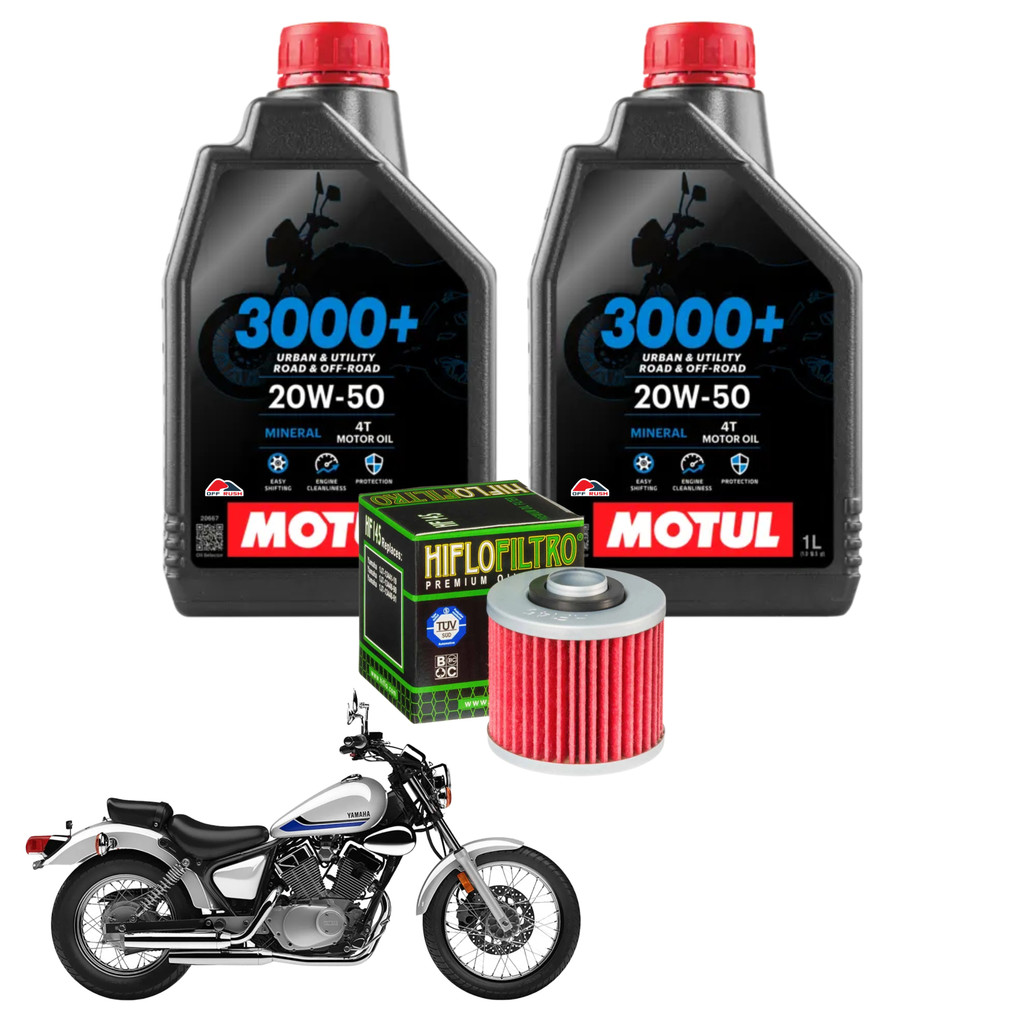 Kit Troca de Óleo Motor Yamaha Virago 250 Motul 3000 20w50 Mineral 2 Litros + Filtro Hiflo HF145