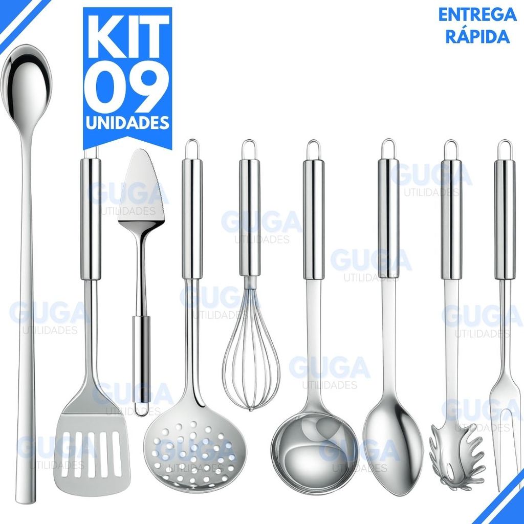 Jogo 9 Utensílios de Cozinha Inox – Concha, Escumadeira, Espátula, Colher, Fouet, Faca Bolo, Pegador de Massa +....
