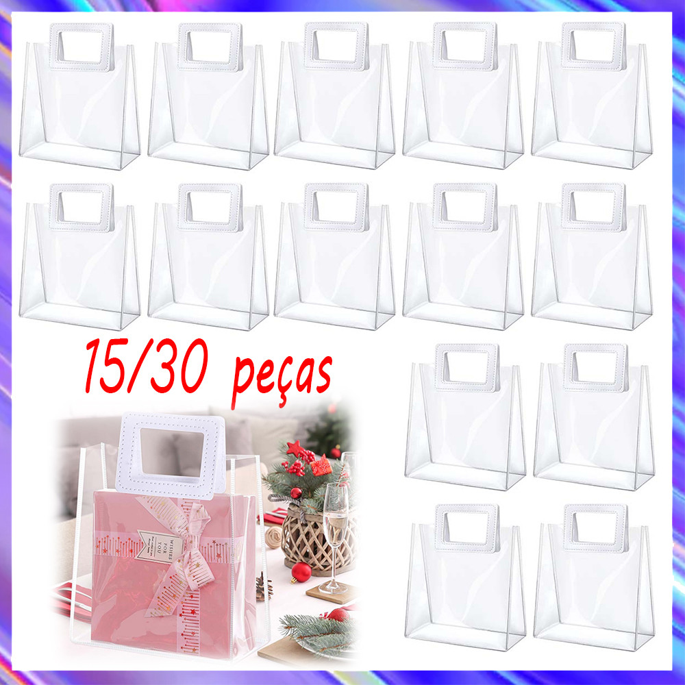 15/30 pçs de sacolas de presente de PVC transparente com alças, para presente, para presente de biscoito,23 x 23 x 10 cm