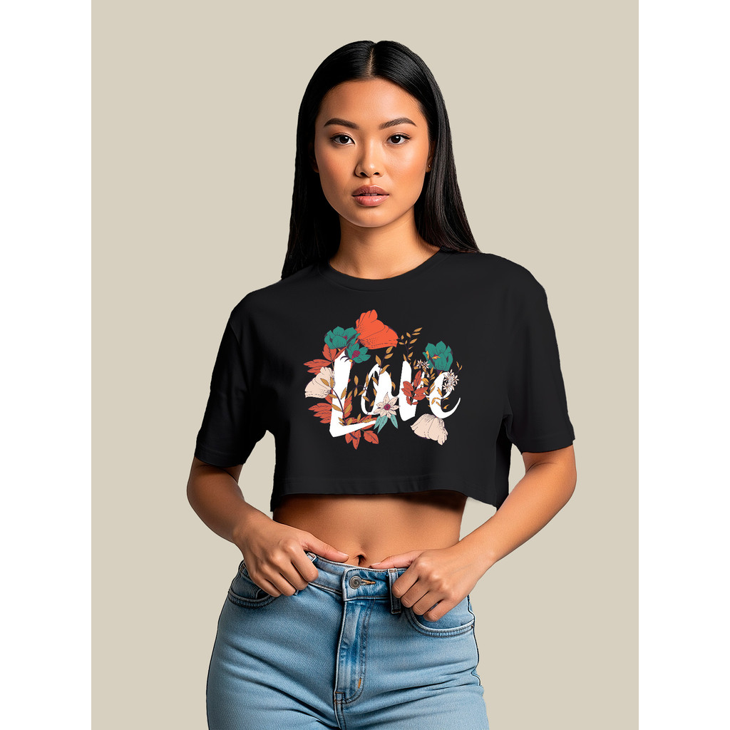 Cropped Feminino Elegante Ombro Caído Estampa Love Blusinha Curta Blogueira Tendencia PlusSize Preto Marrom 100% Algodão