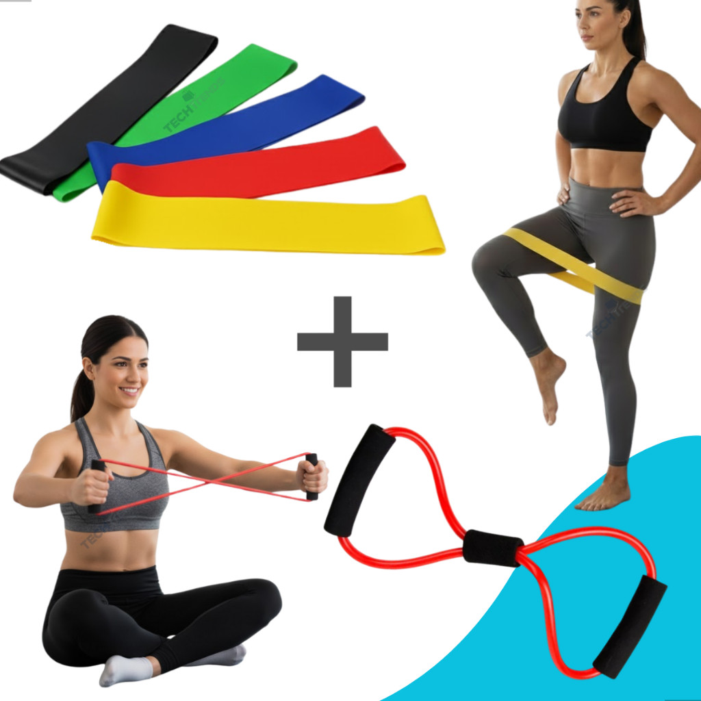 Imagem Kit 5 Faixas Elásticas Mini Band + Extensor Cross Treino Completo em Casa Academia Portátil Para Alongamento e Fisiotera