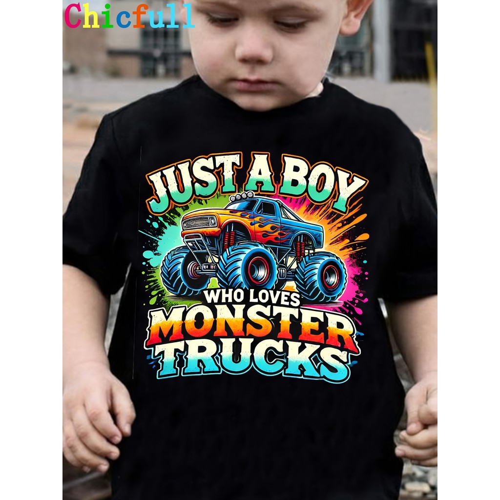 TX31220 Menino APENAS UM MENINO QUE AMA MONSTER TRUCKS Camiseta Casual com Estampa de Caminhão