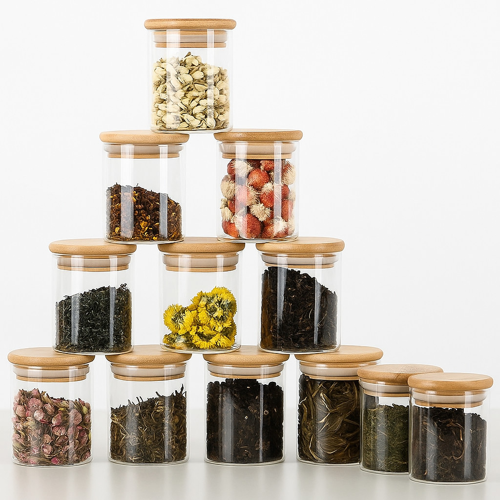 Kit 12 Potes de Vidro 200ml Tampa de Bambu Hermético Mantimentos Condimentos Empilhaveis Cozinha em Oferta na Shopee