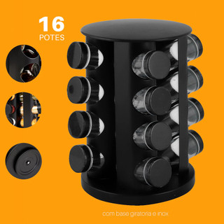 Porta Temperos Base Giratório preto 16 Potes - Condimentos