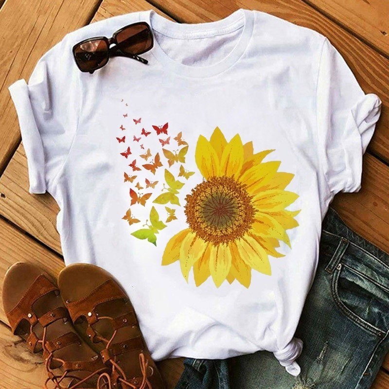 Linda T-shirt Camiseta Camiseta Feminina Estampada Girassol Borboletas Voando Verão Fofo Variados Premium Confortavel Pr