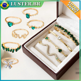 Conjunto 9 Peças: 5 Anéis com Diamantes + 4 Pulseiras Feminino Elegante, Pulseira Verde - Aço Durável em Oferta na Shopee