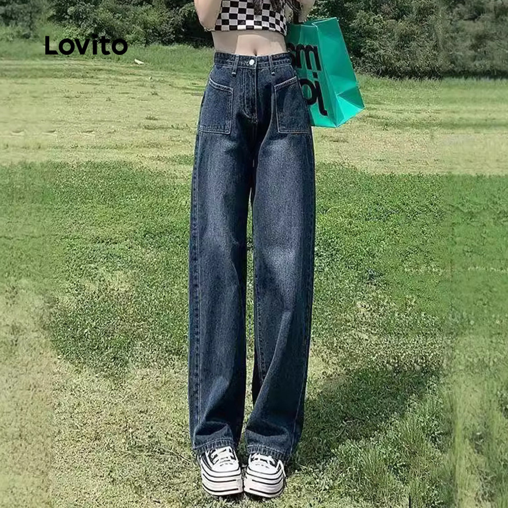 Lovito Jeans Casuais Lavados com Bolso Jeans de Todas As Estações Azul Escuro Clássica Versátil para Mulheres LNE121028