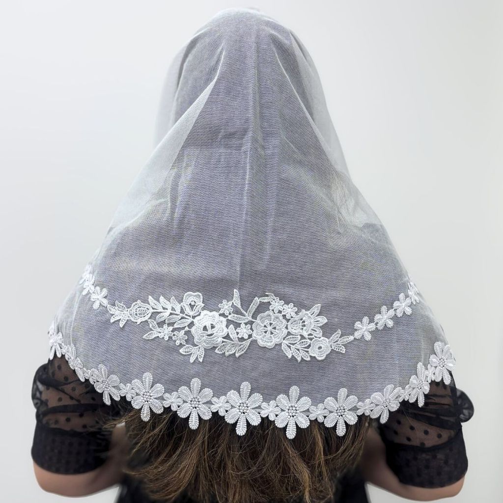 Véu Ccb Aplique Floral e Renda Dupla Congregação Cristã (Dafne)