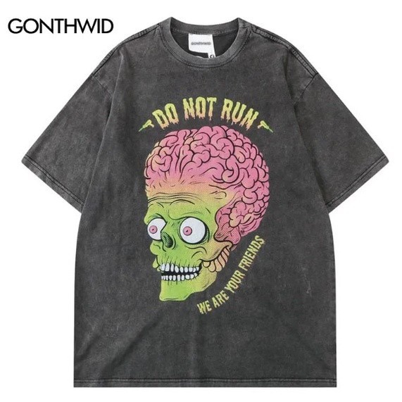 Camiseta Estilo de Rua de Caveira Zombie Unissex Algodão