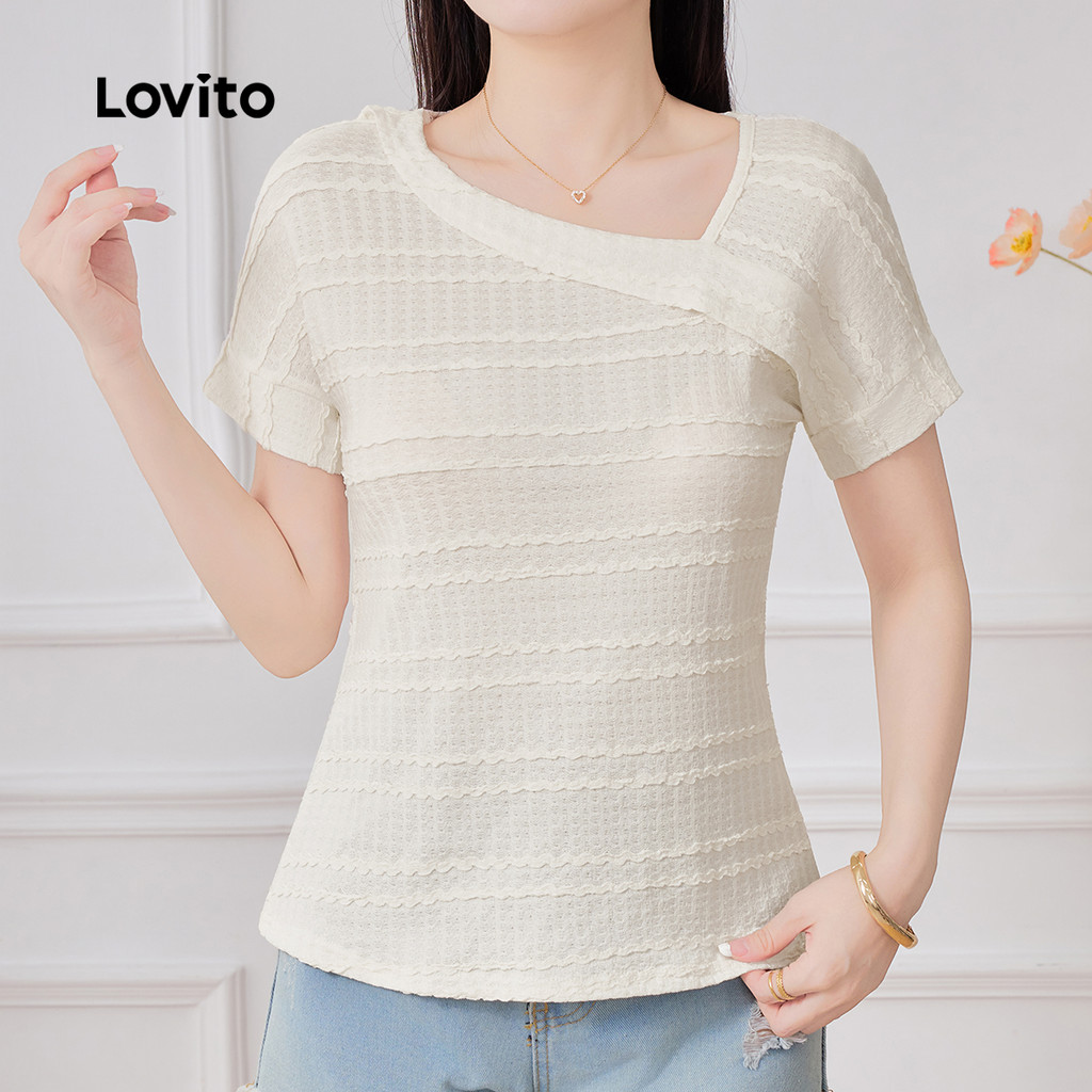 Detalhes do Lovito Blusa Casual Pregueada Primavera/verão Blusa de Damasco para mulheres L149ED1191