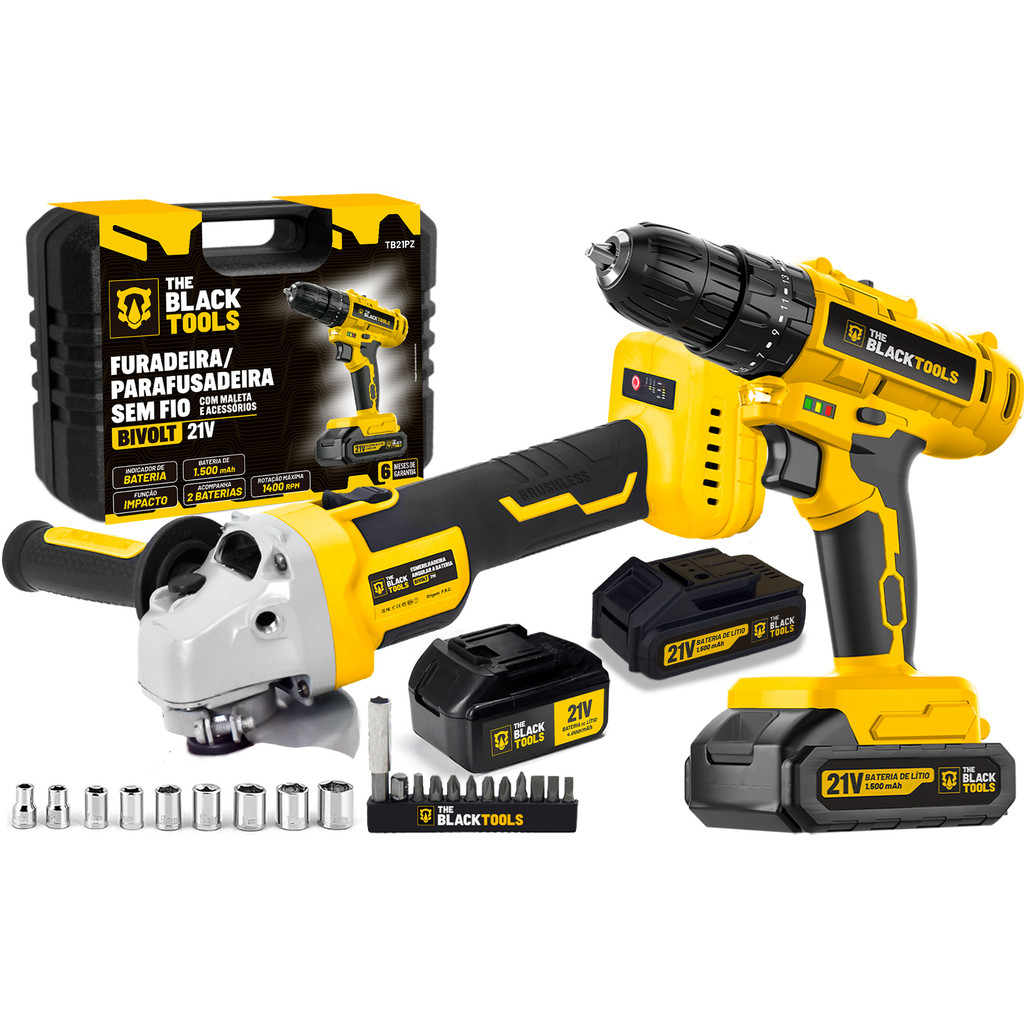 Parafusadeira Furadeira Impacto Bateria 21v + Esmerilhadeira Lixadeira Angular 21v The Black Tools