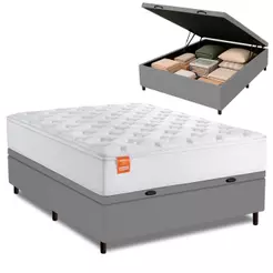 Cama Box Baú Colchão Casal Molas Ensacadas Real 138x188x68cm Branco / Cinza Inducol - Suporta até 130kg por Pessoa