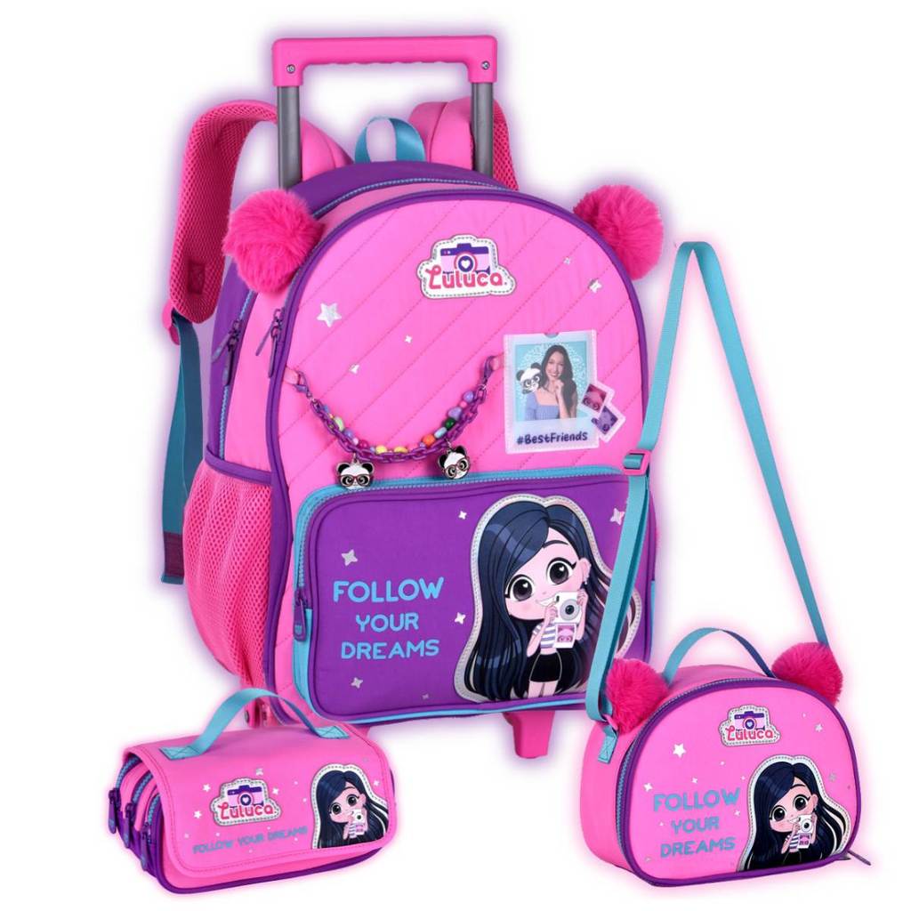 Kit Mochila de Rodinhas Luluca Pandinhas Lancheira E Estojo