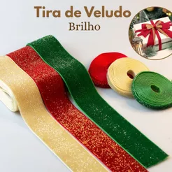 Fita de Veludo Glitter Esponjada 2 a 6M Natal Para Laço, Tiara Artesanato