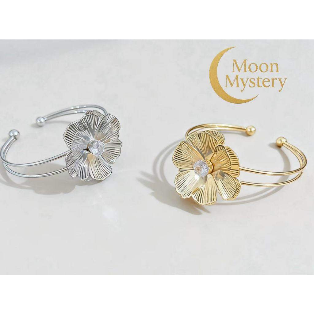 Pulseira Feminina Flor com Cristal – Aço Inoxidável Antialérgico, Dourada ou Prateada | Moon Mystery