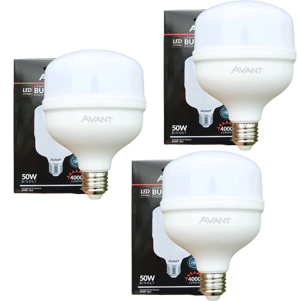 Kit 3 Lâmpadas LED Avant 50W High Power 4000lm Luz Branca 6500K Bivolt Base E27 Alta Iluminação em Oferta na Shopee