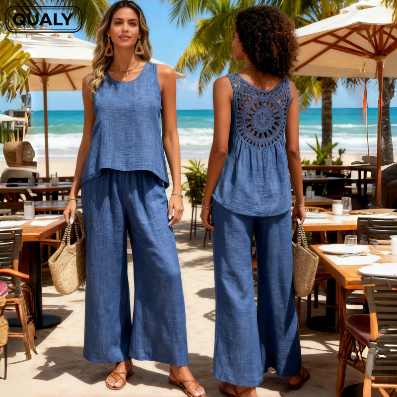 Conjunto Feminino Com Regata Vazada E Calça Larga Casual Social Roupa de Cintura Alta - QUALY em Oferta na Shopee