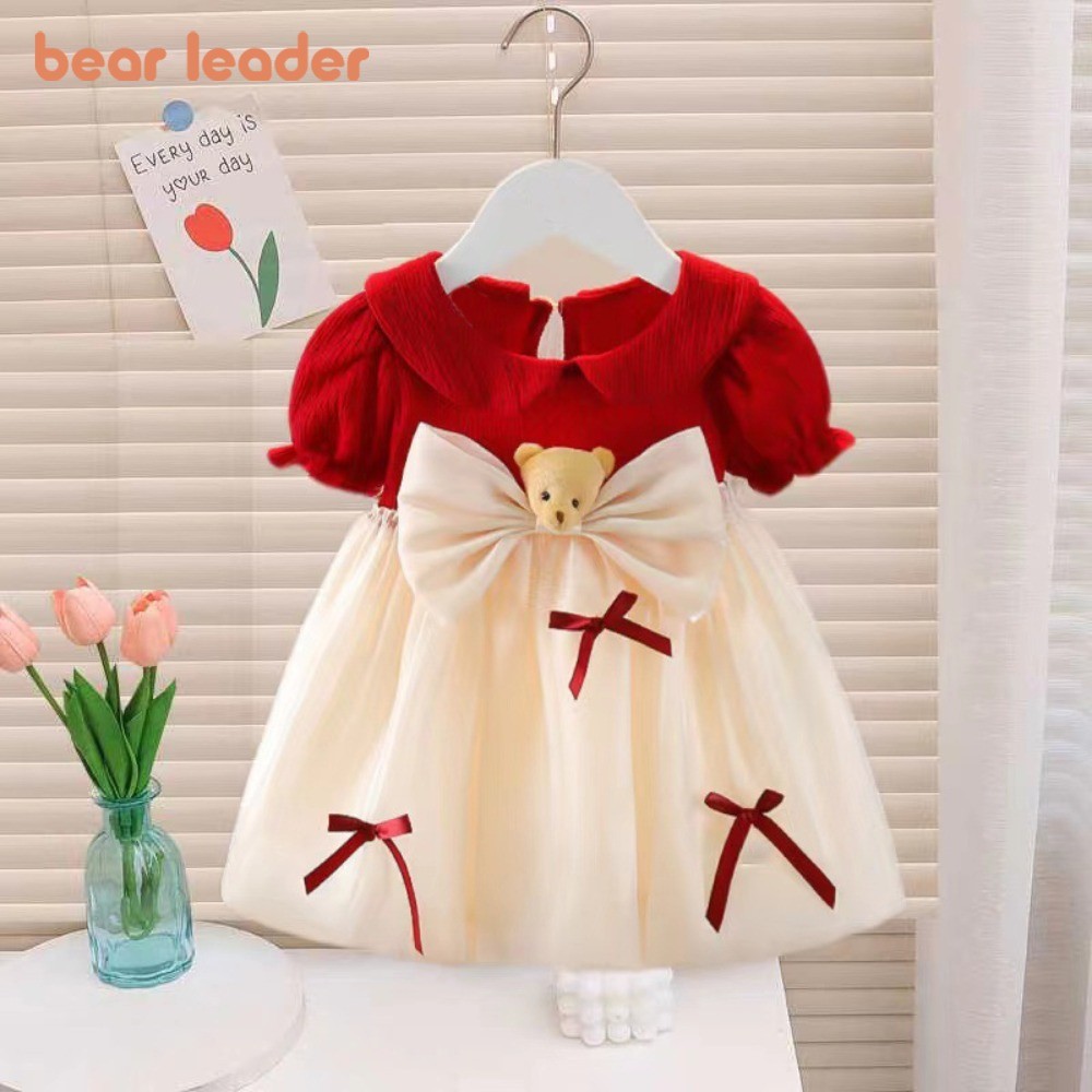 Urso Líder Versão Coreana Boneca Colarinho Manga Puff Malha Natal Ano Novo Vestido Verão Bonito Arco Roupas Do Bebê Meni