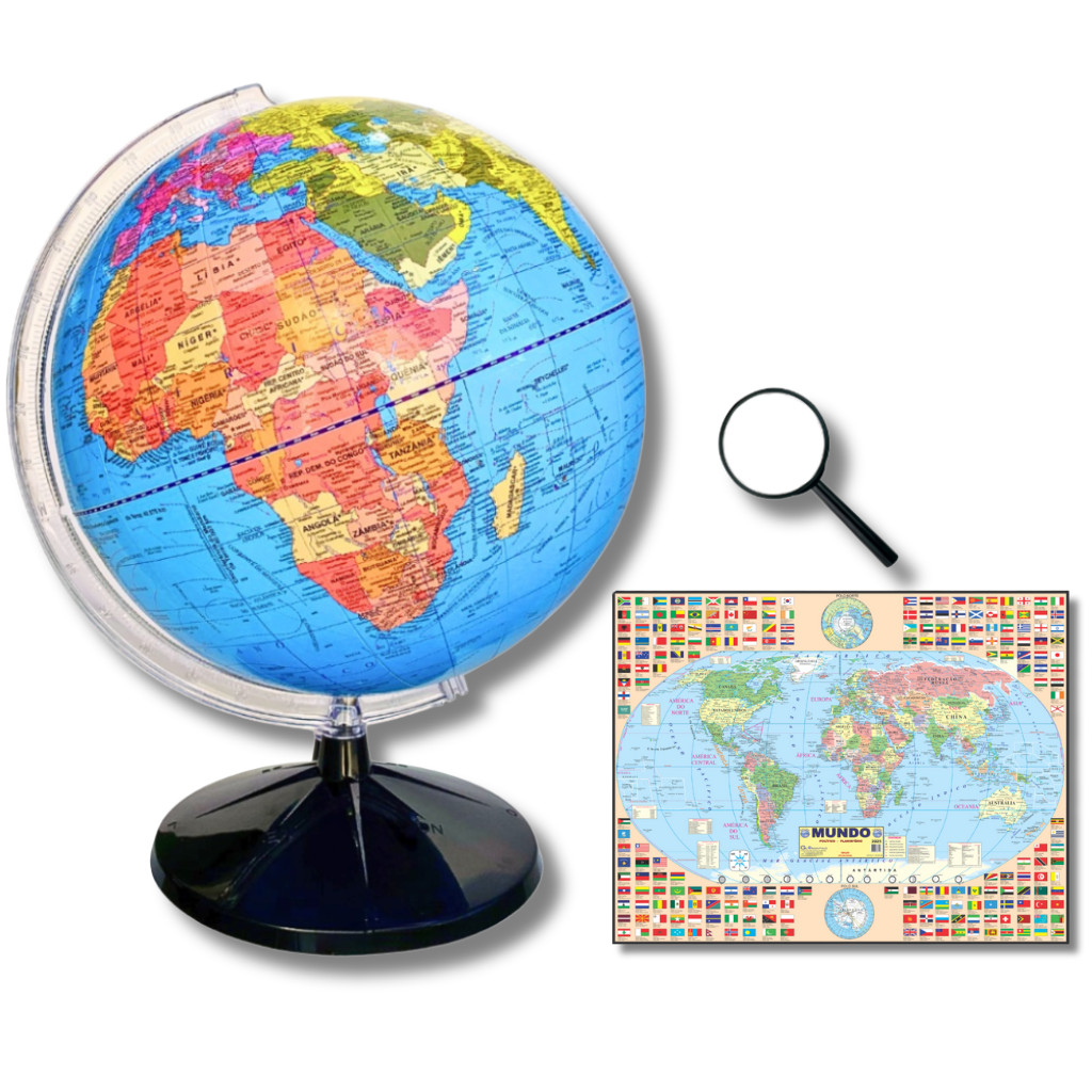 Globo Terrestre Político Continental 30cm Diâmetro e 43cm Altura + Mapa Mundi Gigante + Lupa