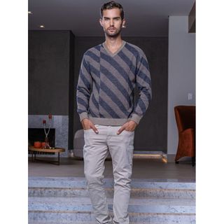 Blusa de Tricot Masculina Sueter Gola V Listras Moda Masculina Inverno Tricô Malha Manga Longa