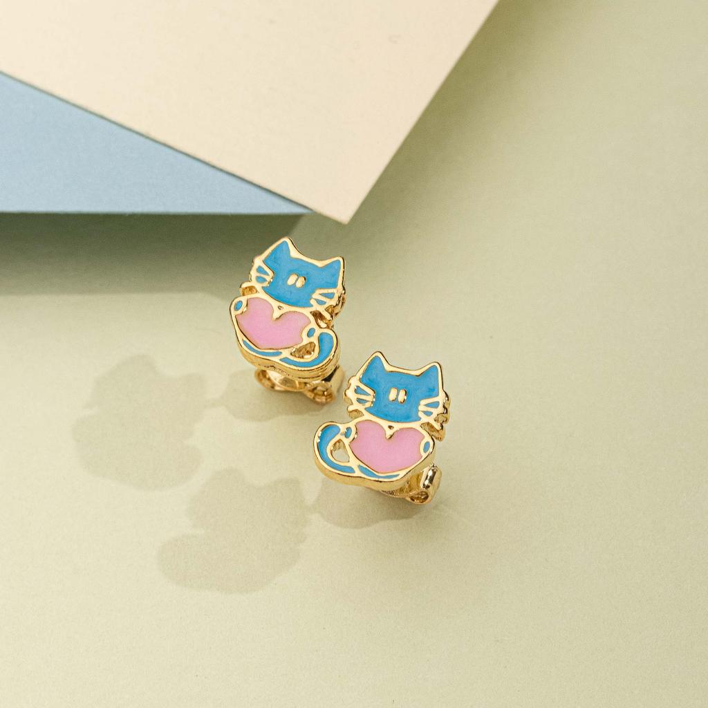 Brinco Infantil Gatinho Azul e Rosa, Semijoia – Brinco Dourado Colorido Antialérgico