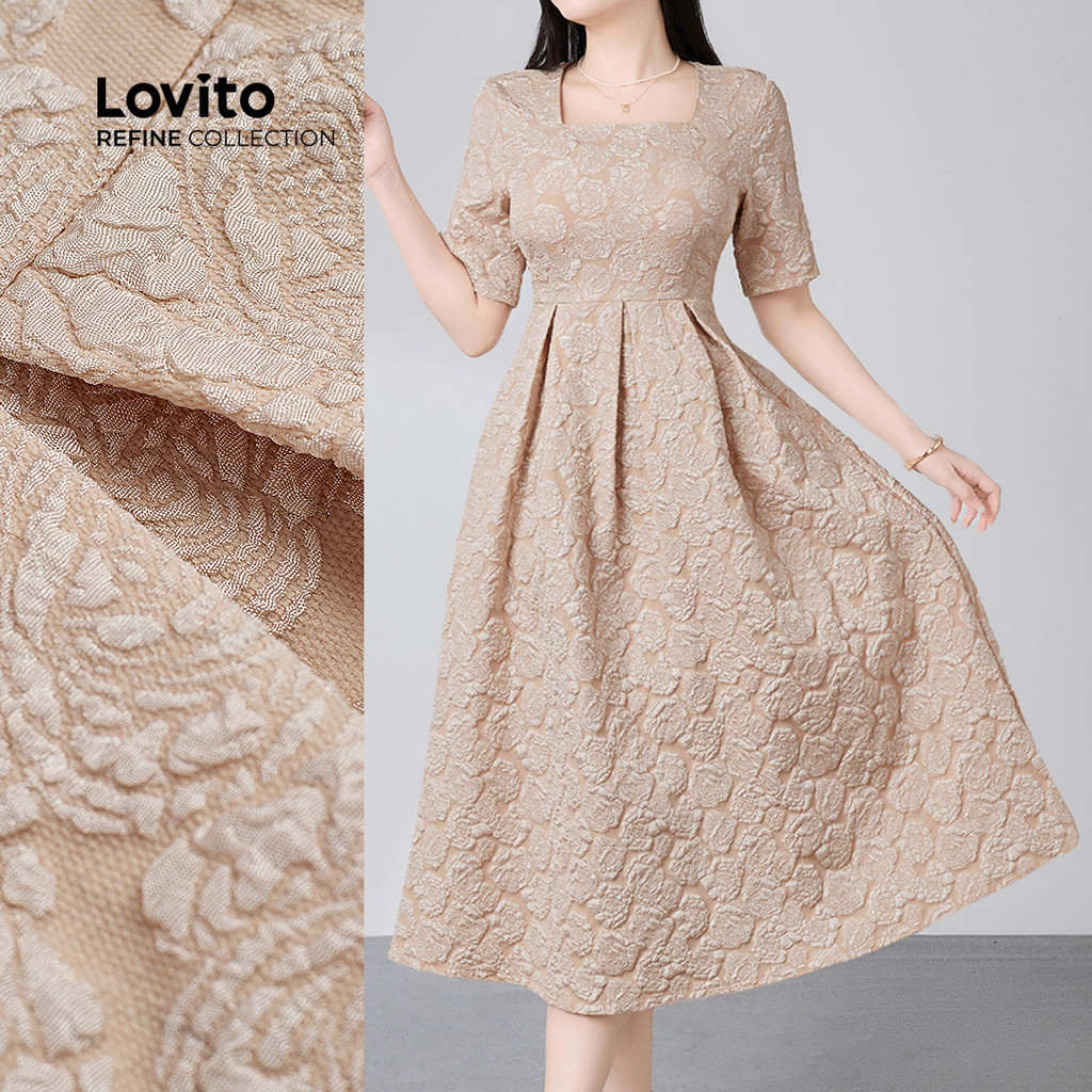 (Lovito Refine) Vestido Elegante de Jacquard com Estrutura em Linha Commute Primavera/verão Vestido kaki LR21E216 em Oferta na Shopee